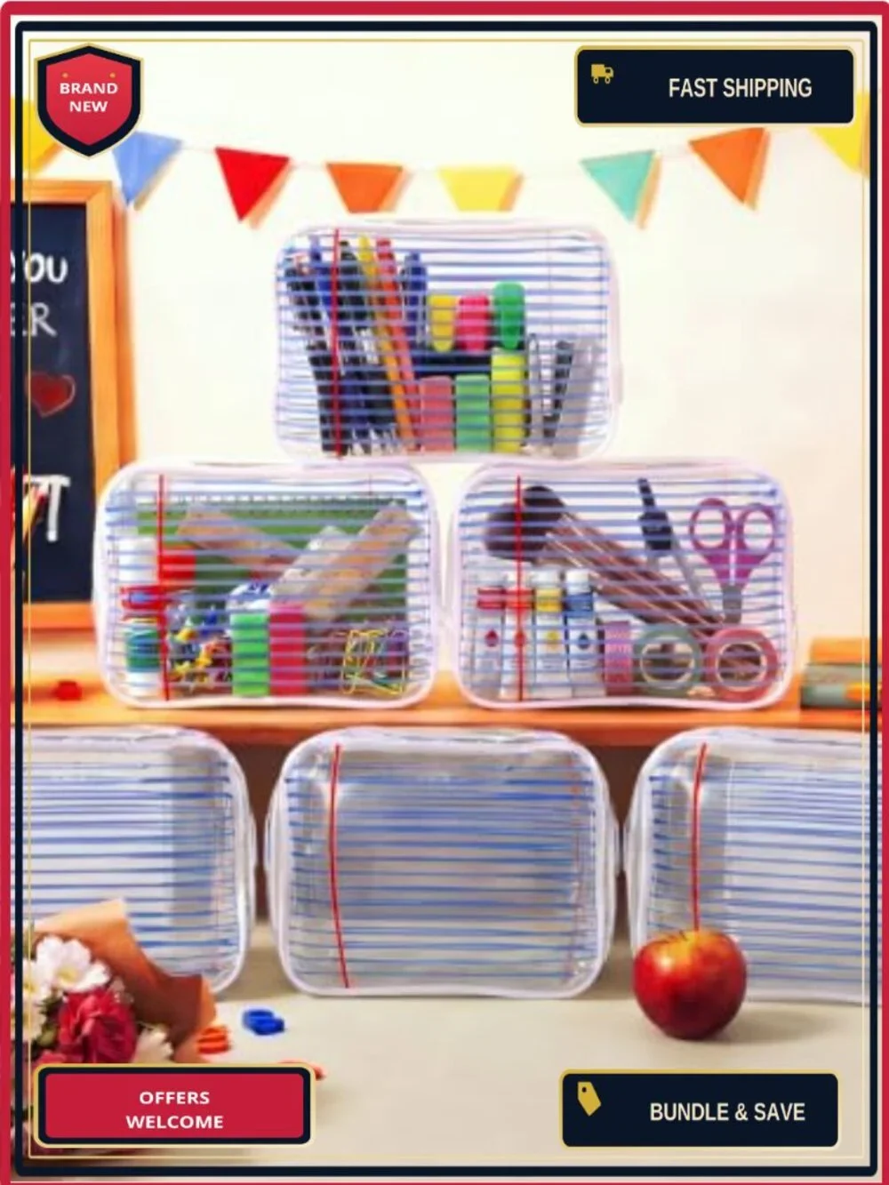 12 PCS Clear Transparent PVC Teacher Survival Kit Makeup Bags, Waterproof